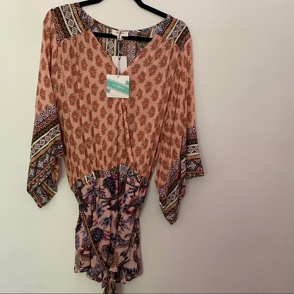 Boho, floral, wrap front, robe sleeved romper